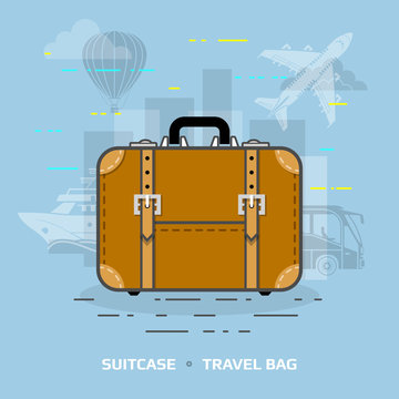 Flat illustration of suitcase against blue background. Flat design of travel bag, front view. Qualitative vector illustration about travel, luggage, tourism, accessory, vacation, baggage, trip, etc