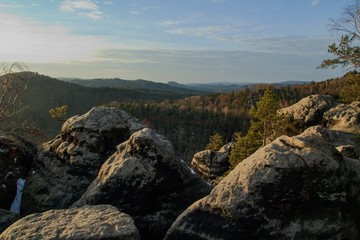View of the landscape at sunset in National Park Bohemian Switzerland, Czech Republic
