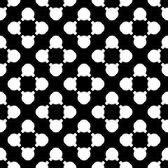 Simple monochrome vector texture, floral geometric seamless pattern. White flourish figures on black background, circles & lines, diagonal array. Dark abstract design for prints, textile, decor, web