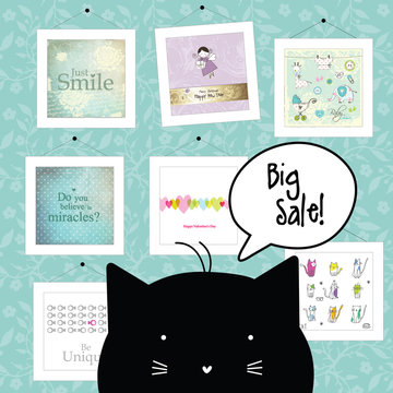Big spring sale. Cat character. Background template. Design elements. Pictures. Baby shower design elements. 