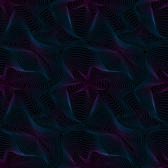 Vector seamless pattern, abstract texture, fluid curved lines. Visual 3D effect, illusion of movement, dynamical surface. Futuristic style. Bright colors, blue and pink gradient on black background