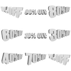 Percents off letters on white background. 3d render isolated.