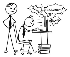 Cartoon of Man Playing Video Game on Computer Screen during Job Work, Boss Standing Behind Angry