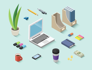Set of vector isometric office items, stationery icons
