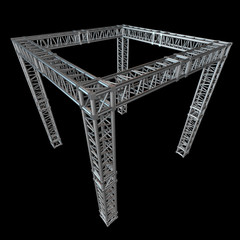Steel truss girder rooftop construction. 3d render on black