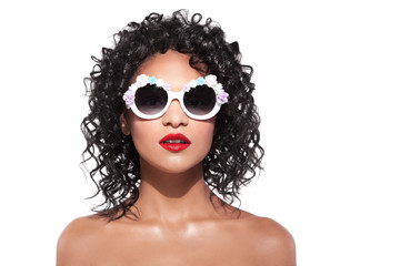 african american woman isolated white background in glasses 