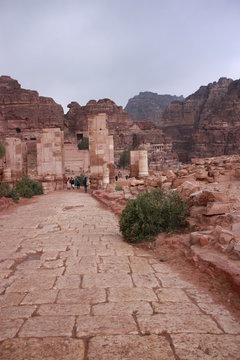 Colonnaded street and Temenos gate in ancient Nabatean city of Petra, Jordan Middle East