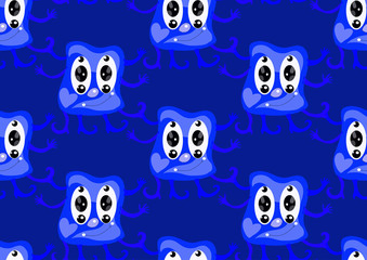 Seamless vector texture ,   blue cartoon  monsters on a  dark - blue  background