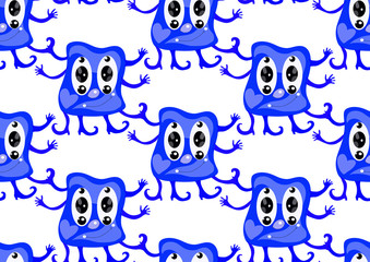 Seamless vector texture , blue cartoon  monsters on a white background