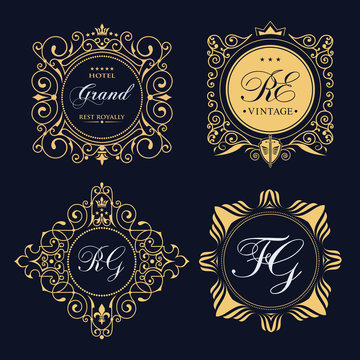 Gold decorative frame. Vector logo templates. Monogram, initials, jewelry. Elegant emblem logo for restaurants, hotels, bars and boutiques. It can be used to design business cards, invitations.