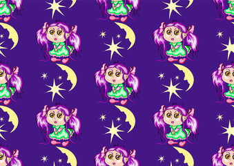  Seamless vector texture, girl with stars and moon   on purple background