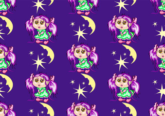  Seamless vector texture, girl with stars and moon   on purple background