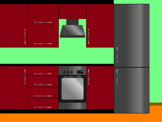 Flat kitchen interior with red furniture, silvery holder, oven and extractor