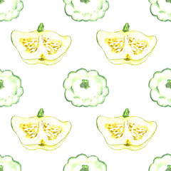 Ripe squashes and cut slice, seamless pattern hand painted watercolor illustration