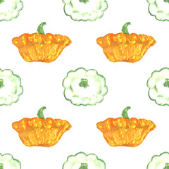 Ripe squashes variety (white and orange), seamless pattern hand painted watercolor illustration
