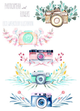Set of logo mockups with watercolor cameras and floral elements, hand drawn isolated on a white background