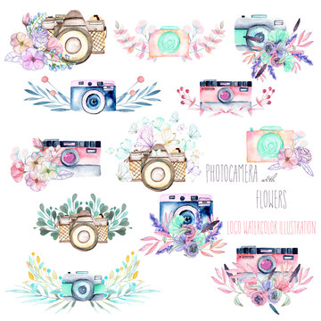 Set of logo mockups with watercolor cameras and floral elements, hand drawn isolated on a white background