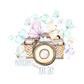 Mockup of logo with watercolor camera and butterflies, hand drawn isolated on a white background
