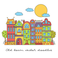 European city scape doodle cute colorful houses buildings trees clouds sun vector ilustration