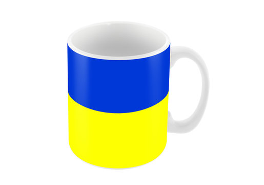 Big cup mug in color of ukrainian flag isolated on white, 3d illustration