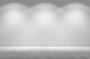 Empty wall. White wood floor and white brick wall with lights  / empty space for your design. Digital generating image.