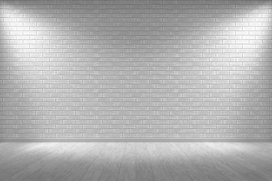 Empty wall. White wood floor and white brick wall with lights  / empty space for your design. Digital generating image.
