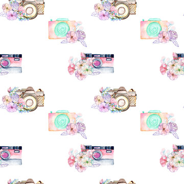 Seamless pattern with watercolor retro cameras in floral decor, hand drawn isolated on a white background