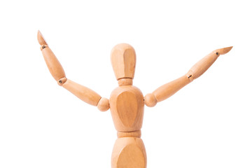 Happy wooden doll. Concept presentations of positive emotions.