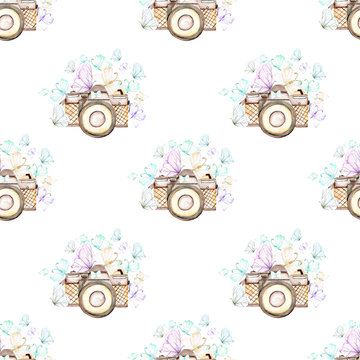 Seamless pattern with watercolor retro cameras and butterflies, hand drawn isolated on a white background