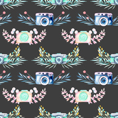 Seamless pattern with watercolor retro cameras in floral decor, hand drawn isolated on a dark background
