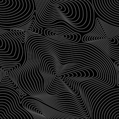 Vector monochrome seamless pattern, curved lines, black & white layered texture. Abstract dynamical rippled surface, visual halftone 3D effect, illusion of movement. Modern dark digital design element