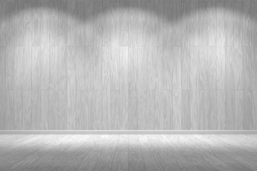 Empty wall. White wood wall and wooden floor with lights / empty space for your design. Digital generating image.
