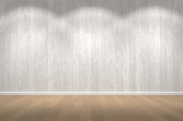 Empty wall. White wood wall and wooden floor with lights / empty space for your design. Digital generating image.
