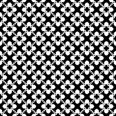 Vector monochrome seamless pattern. Abstract floral geometric texture. Simple elements, flowers, chains, diagonal lattice. Black & white repeat backdrop in Asian style. Design for decoration, prints