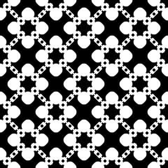 Vector monochrome seamless pattern. Abstract floral geometric texture. Simple elements, flowers, chains, diagonal lattice. Black & white repeat illustration in Asian style. Design for decor, textile