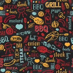 BBQ Barbecue Grill Sketch Seamless Pattern with typography. Colorful cafe menu design for wrapping, banners, promotion.