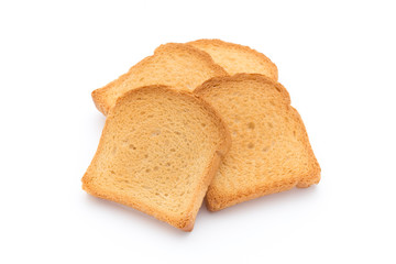Slices of toast bread on wooden table, top view.