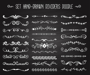 Set of hand drawn white doodle design elements decorative floral dividers arrows and swirls branch vintage decoration on black vector illustration.