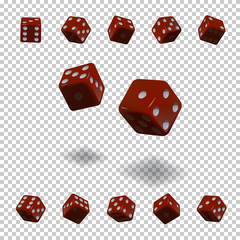 Dice gambling template. Red cubes in different positions on transparent background. Vector illustration.