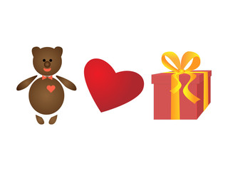 Bear in a bow tie. Red heart. Gift box with yellow ribbons. Set isolated.