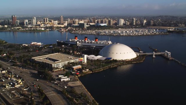 Long Beach, California, with Queen Mary moored in foreground. Shot in 2010.