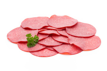 Salami smoked sausage one slice isolated on white background cutout.