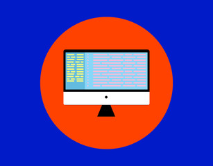 Monitor, mono block, computer isolated flat icon on blue background