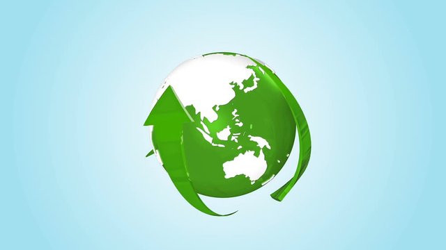 Loopable rotating glass earth planet globe and arrows with alpha mask included. Rotating planet with eco symbols for the future. Earth with glossy surface