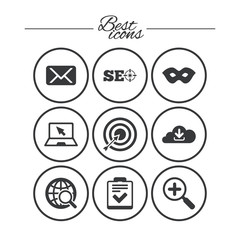 Internet, seo icons. Checklist, target signs.