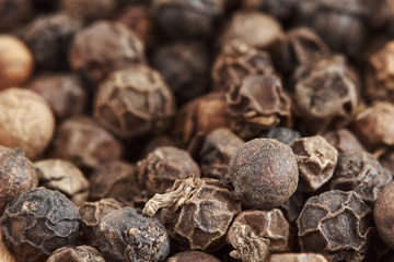 Pile of black pepper corns. Close-up with selective focus