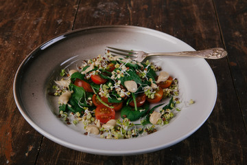 Healthy green salad with tomatoes, sprouts, spinach. Perfect for the detox diet or just a healthy meal.
