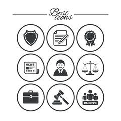 Lawyer, scales of justice icons. Auction hammer.