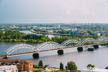 Riga, Latvia. Aerial View Of Railway Bridge Through Daugava Or W