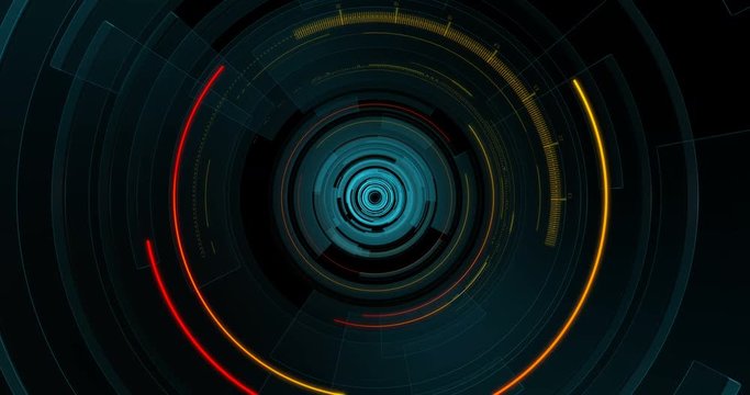 4K Loop Futuristic technological abstract motion graphic background, Circle Digital HUB, rotation element. Flyby motion. Tunnel
